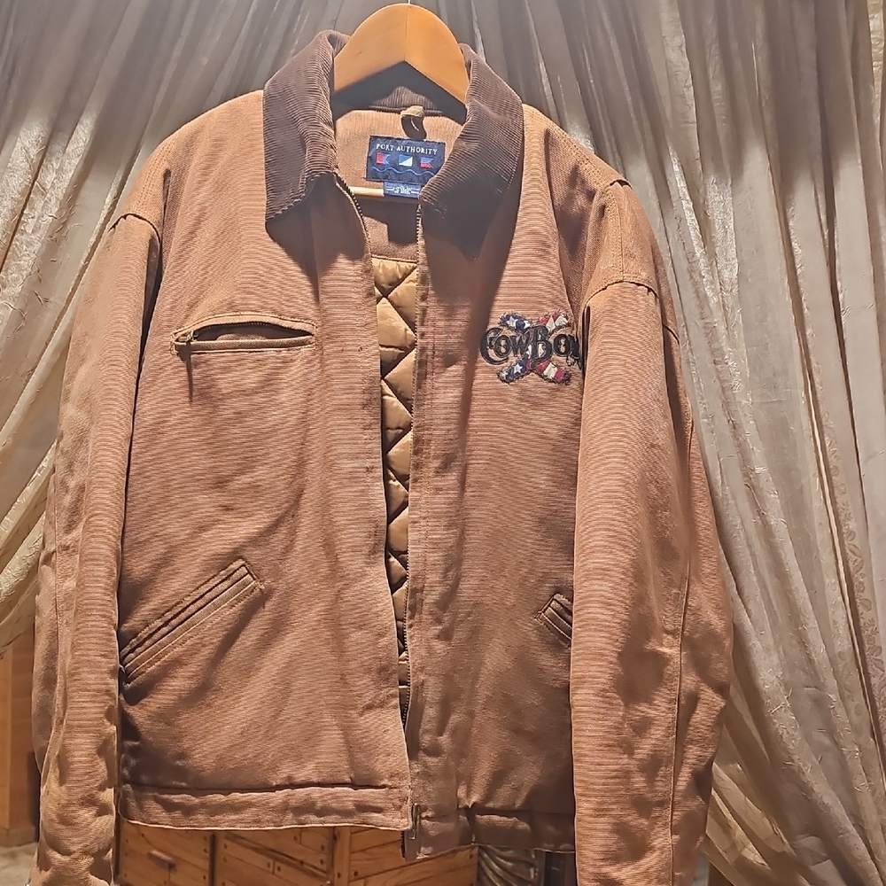 Port Authority Tan Bomber Jacket with Sturdy Fabric and Embroidered Design